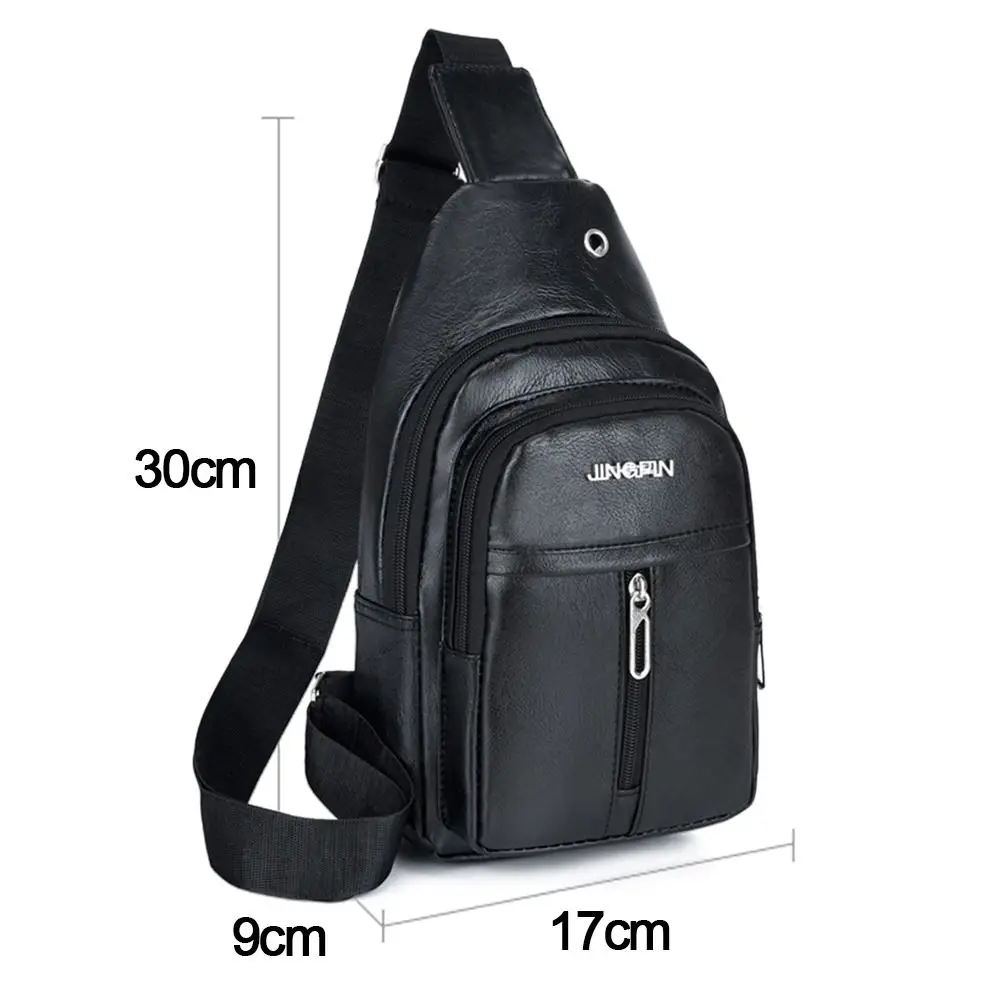 Solid Color Men\'s Sling Bag Fashion PU Leather Large Capacity Crossbody Bag with Earphones Hole Anti-theft Chest Bag