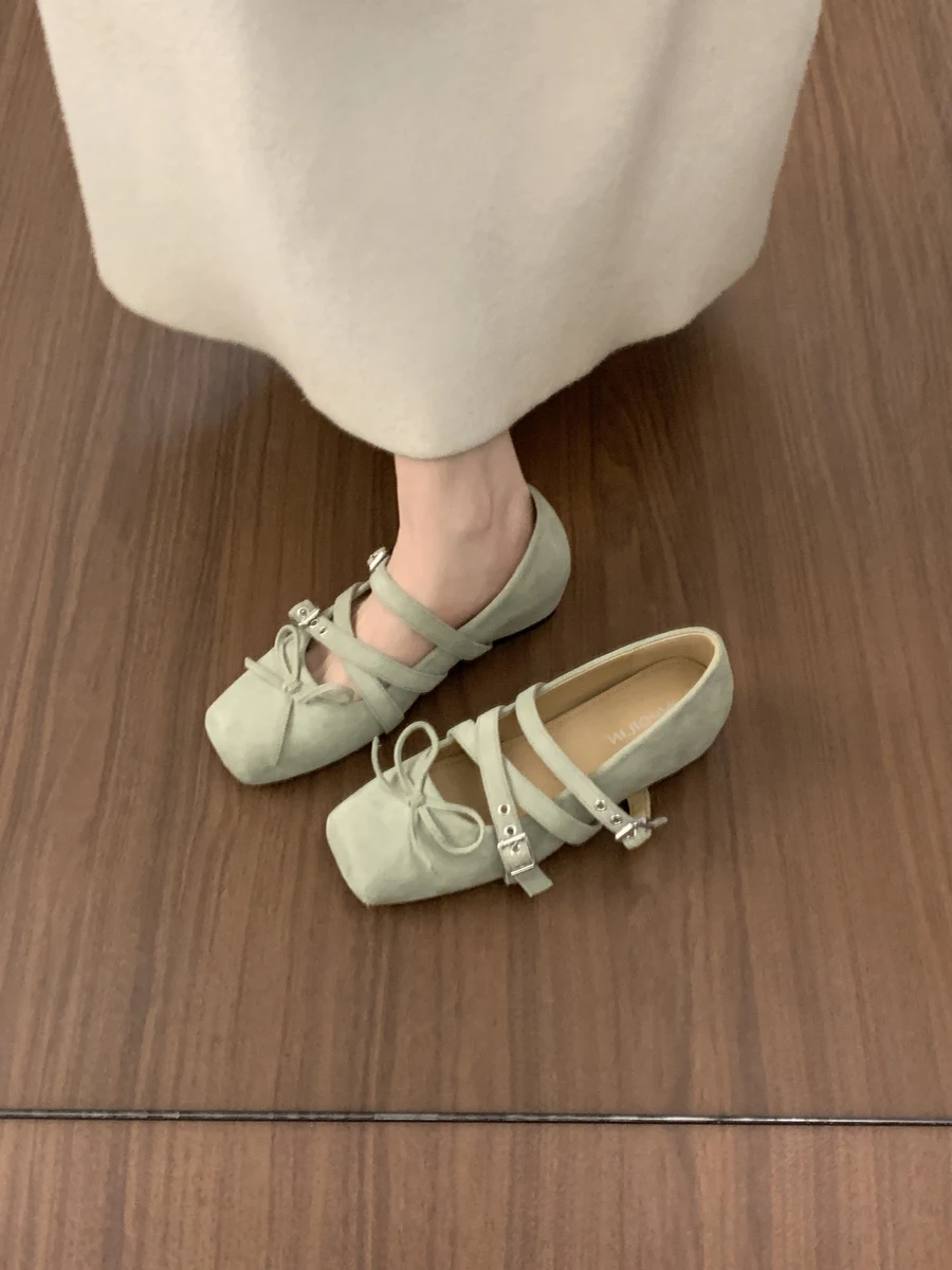 バレエフラットメリージェーンシューズ-レディース-2026年春新作-ベルベット蝶結び-厚底ヒール-通勤-イブニングファッション-シングルシューズ