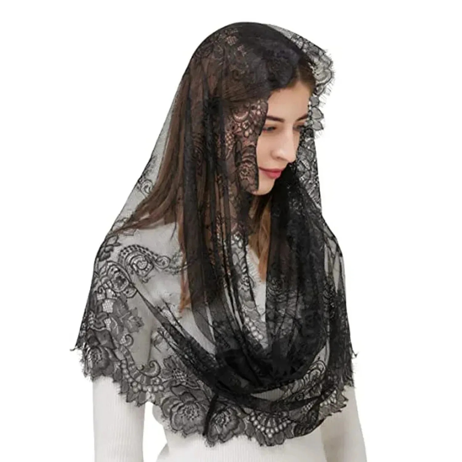 Black Lace Mantilla Veil for Church Spanish Style Lace Head Scarf White Black Short Veil for Bride Accessories