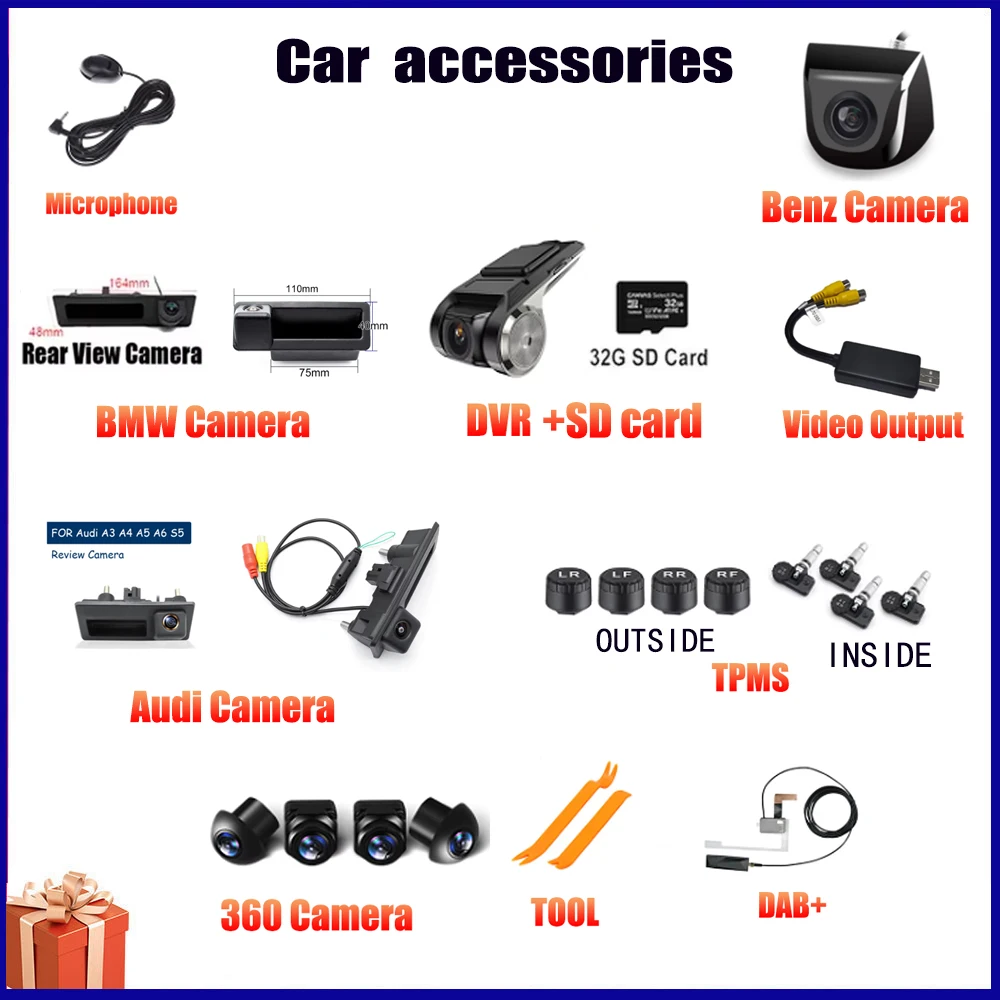 Car Radio For AHD Rear View Camera USB Tools Micphone DVR 360 Camera TPMS DAB Video Output