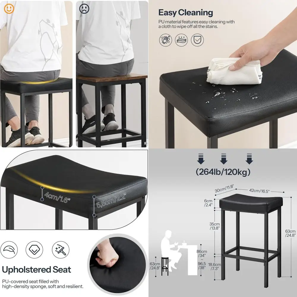 مجموعة من 3 مقاعد مطبخ بارتفاع سرج أسود، بطول 24.8 مع تنجيد سميك 2.4 للاستخدام المنزلي والمقهى #1