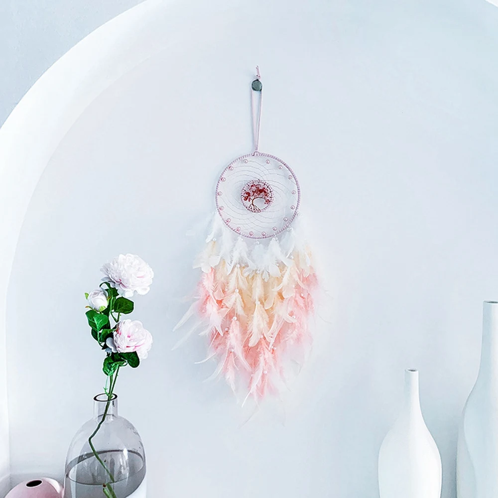 Dream Catcher Hanging Ornament Decor Handmade LED Lights Pink Feather Healing Crystals Dreamcatchers for Home Wall Decor HOT