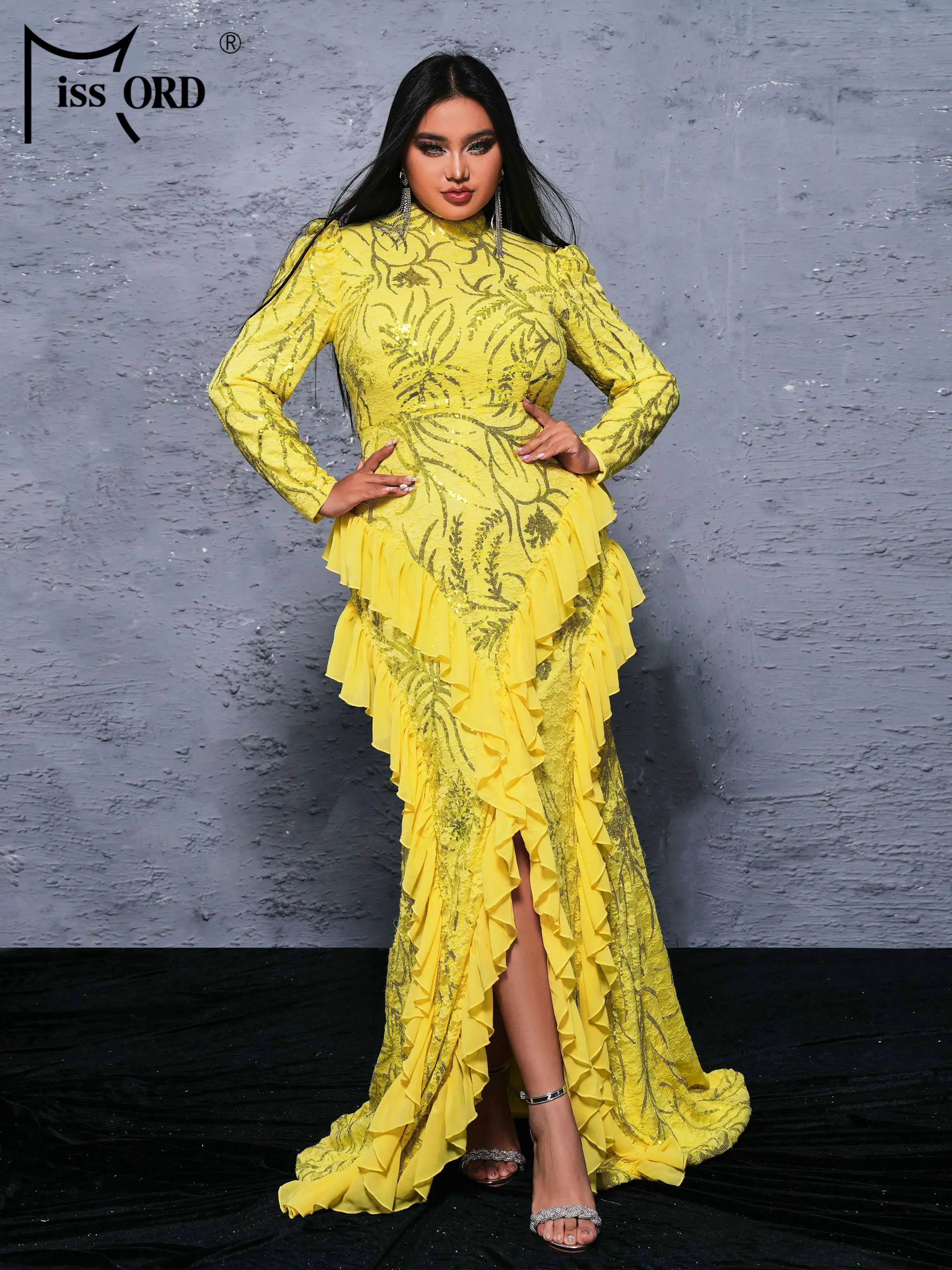 Missord 2024 Plus Size Yellow High Neck Long Sleeved Ruffled Wedding Birthday Party Evening Large Evening Dress