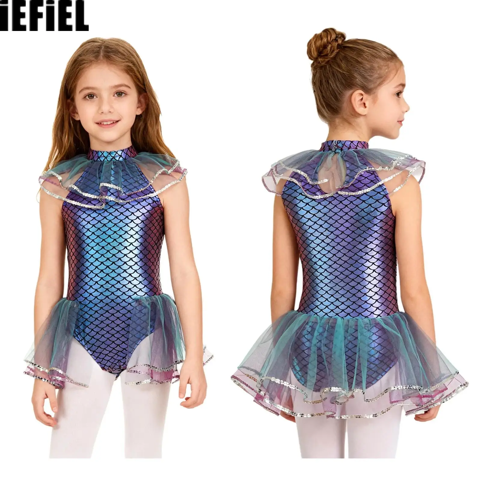 

Kids Girls Mermaid Cosplay Leotard Mermaid Fish Scales Print Mesh Sequins Bodysuit with Arm Sleeves for Halloween
