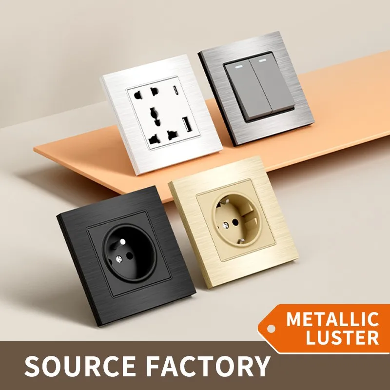 Brushed Aluminum UK Switch Socket Grey Glass Panel Hotel Metal Combined Multifunction 16A EU Socket