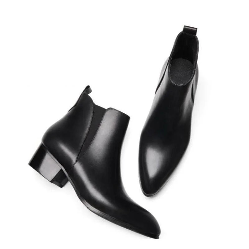 

Small Size Height Increase Men Boots Genuine Leather Slip On Ankle Boots Men 5CM Heels Mens Business Office Work Boots 36-44