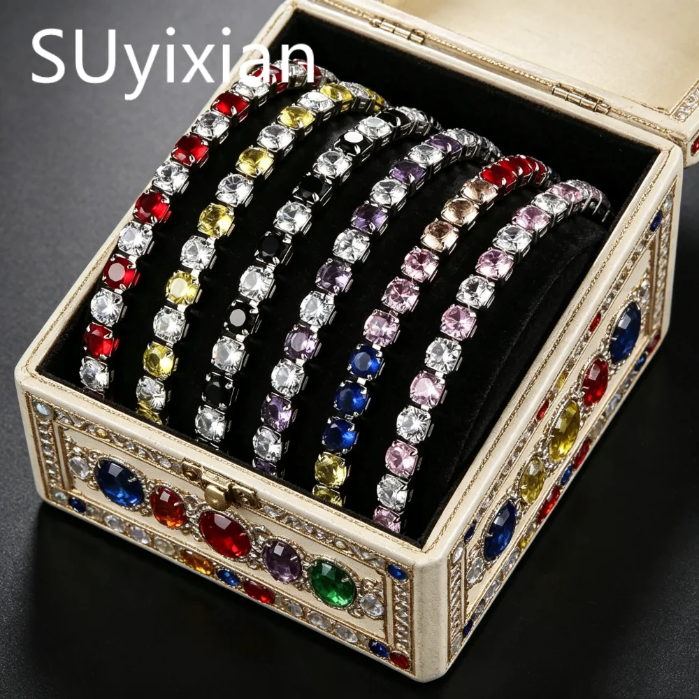 925 Sterling Silver Fashion Light Luxury 4mm Color Intercolor Zircon Bracelet Birthday Party Anniversary Gift Ladies Jewelry