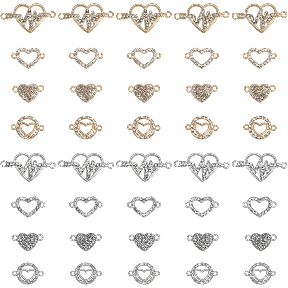 

40Pcs 8Styles Heart Rhinestone Connector Zinc Alloy Connector Charms with Rhinestone Including Heartbeat Love