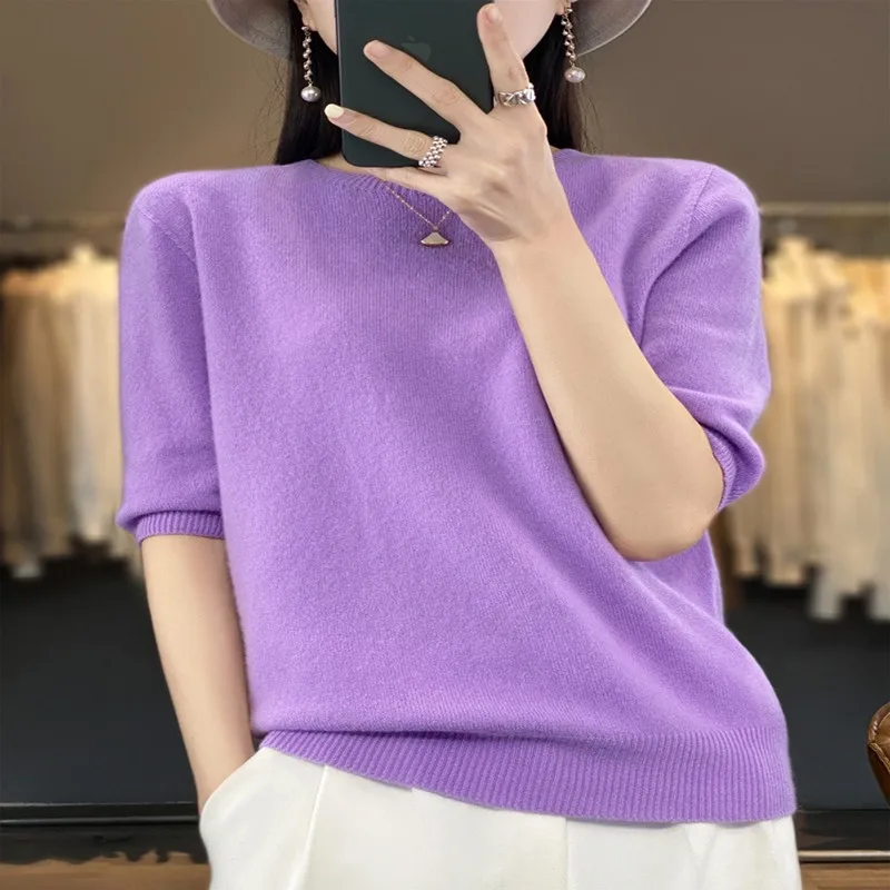 ZEHANGSEACasual ladies first-line ready-to-wear short-sleeved sweater solid color Joker women's soft sweater T-shirt summer2023