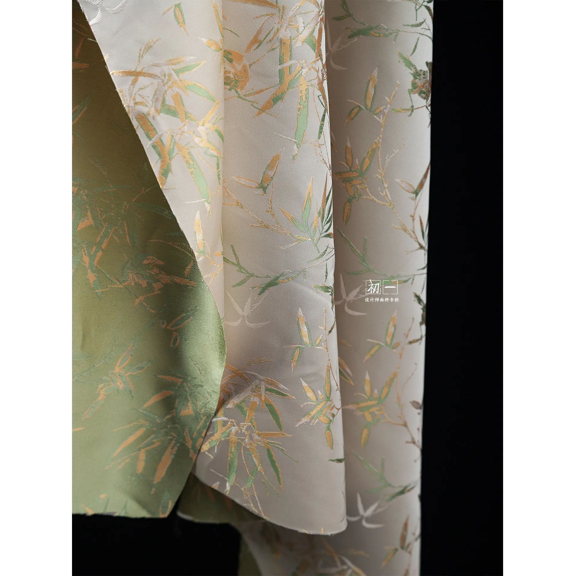 Yellow Green Bamboo Leaf Worsted Jacquard Fabric New Chinese Style Wide Coat Cheongsam Dress Designer Fabric