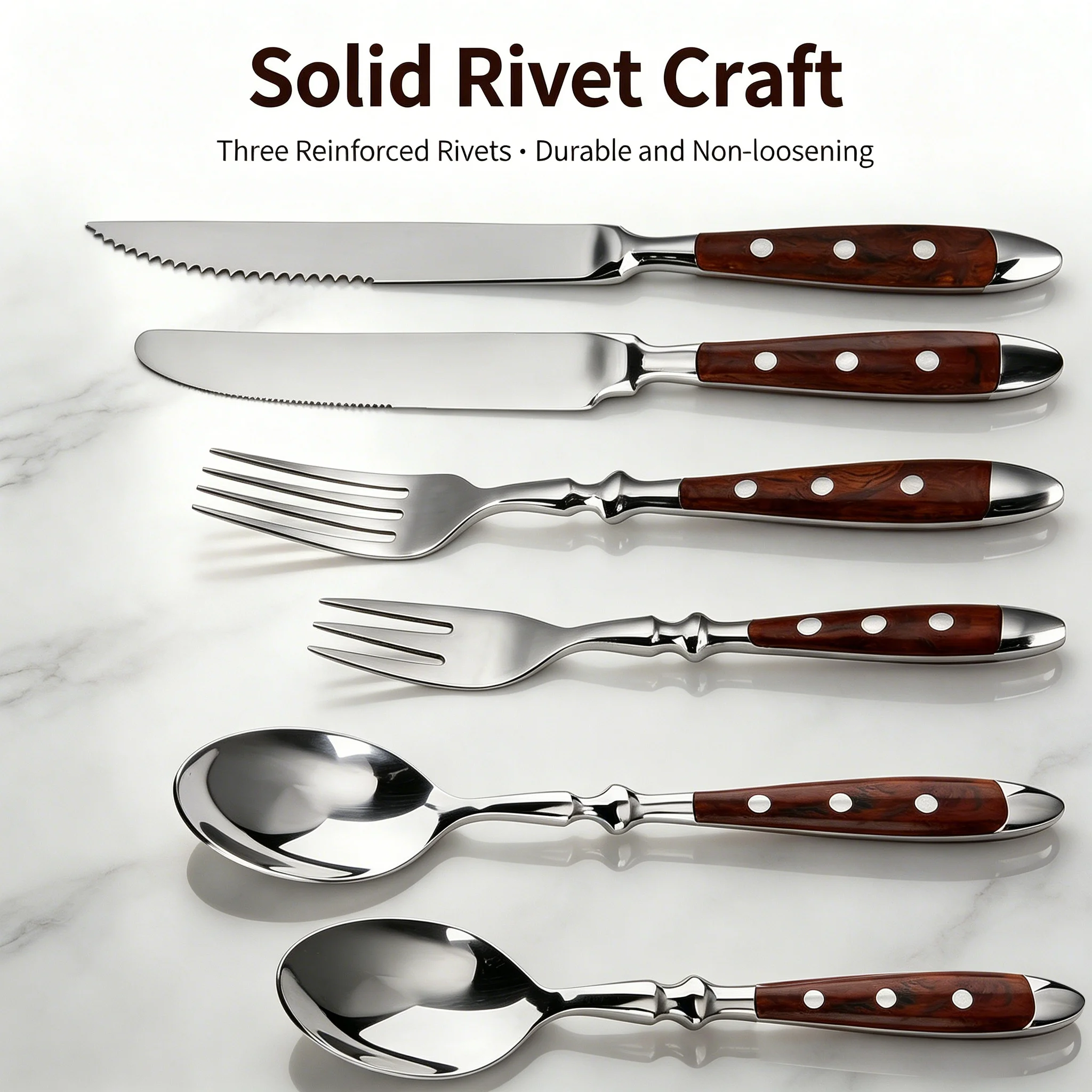 6 Piece Stainless Steel Handle Kitchen Knife Set Suitable for Home Kitchen and Dining Room Including Steak Knife Forks and Spoon