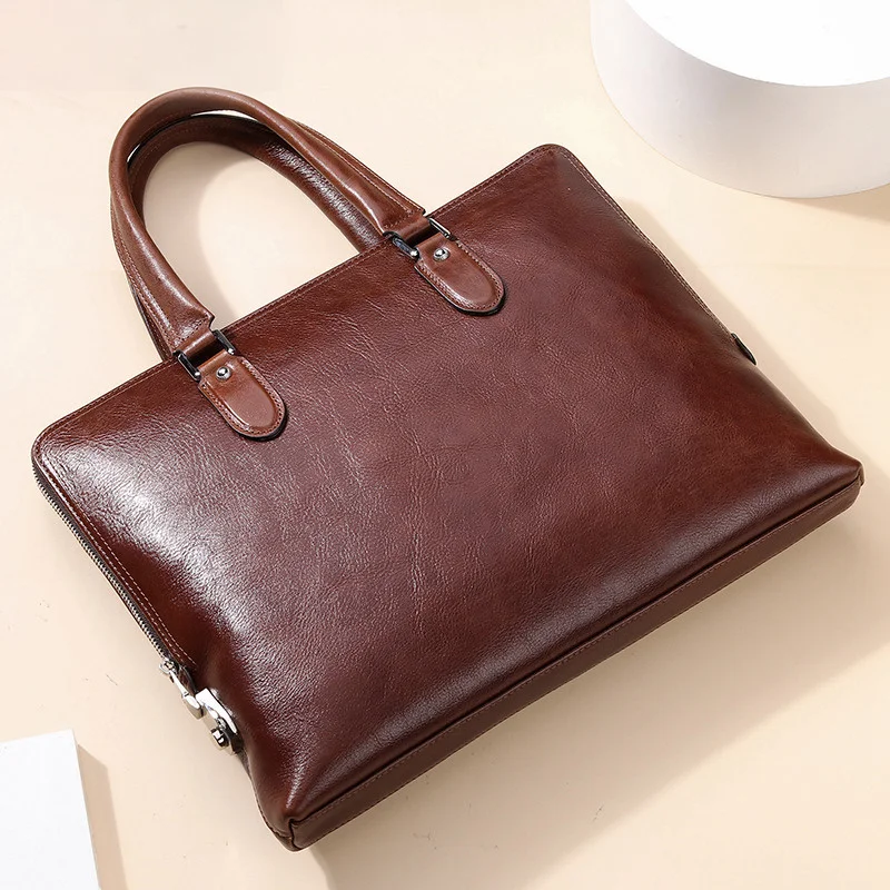 2023 New Business Men\'s Genuine Leather Handheld Briefcase Large Capacity Cowhide Crossbody Shoulder Bag