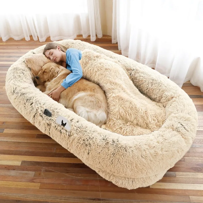 Human Dog Bed,Fits You and Pets, Washable Faux Fur Bed for People Doze Off, Present Plump Pillow, Blanket, Strap - Beige