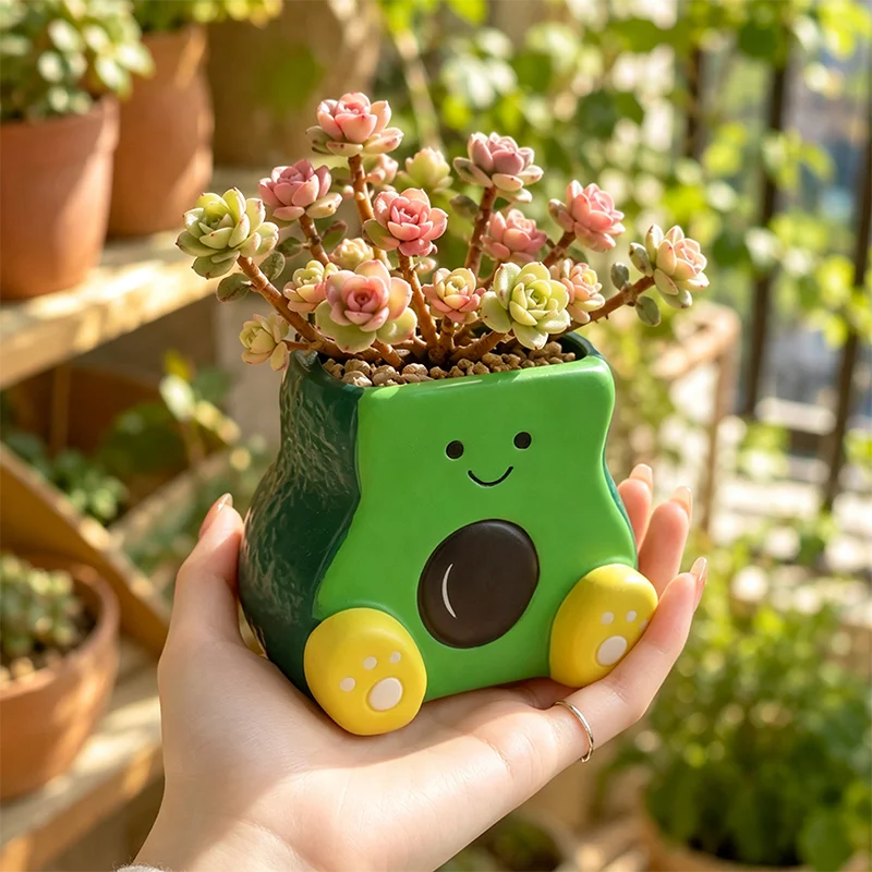 Smiling Avocado Resin Succulent Planter Mini Flower Pot for Cactus Desktop Windowsill Balcony Home Decor Gift for Plant Lovers