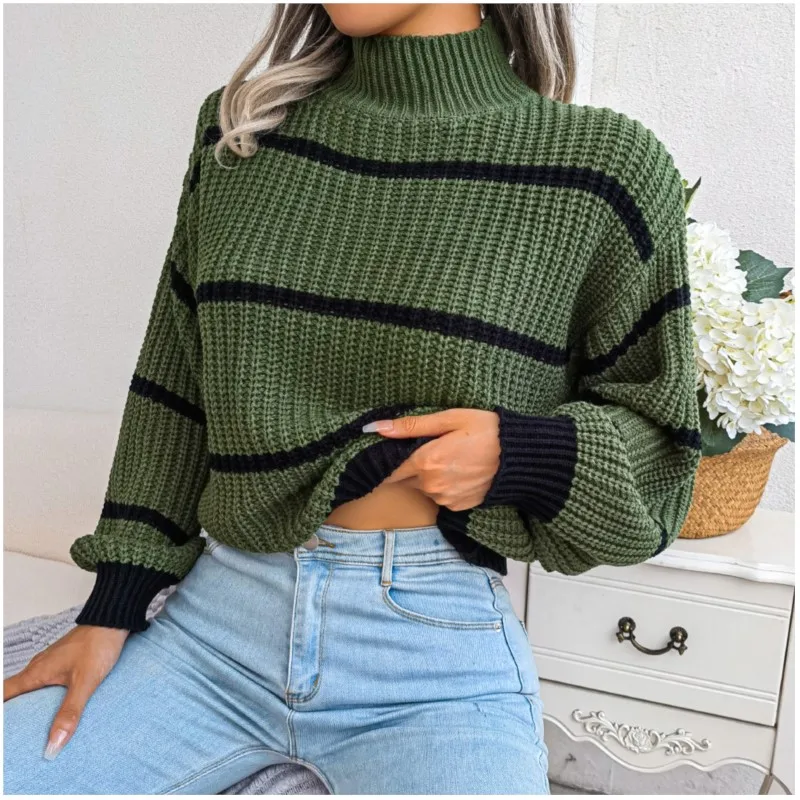 Herbst Und Winter Pullover Damen Mode Lässig Gestreiften Laterne Hülse Halb Hohen Kragen Gestrickte Pullover Langarm Pullover