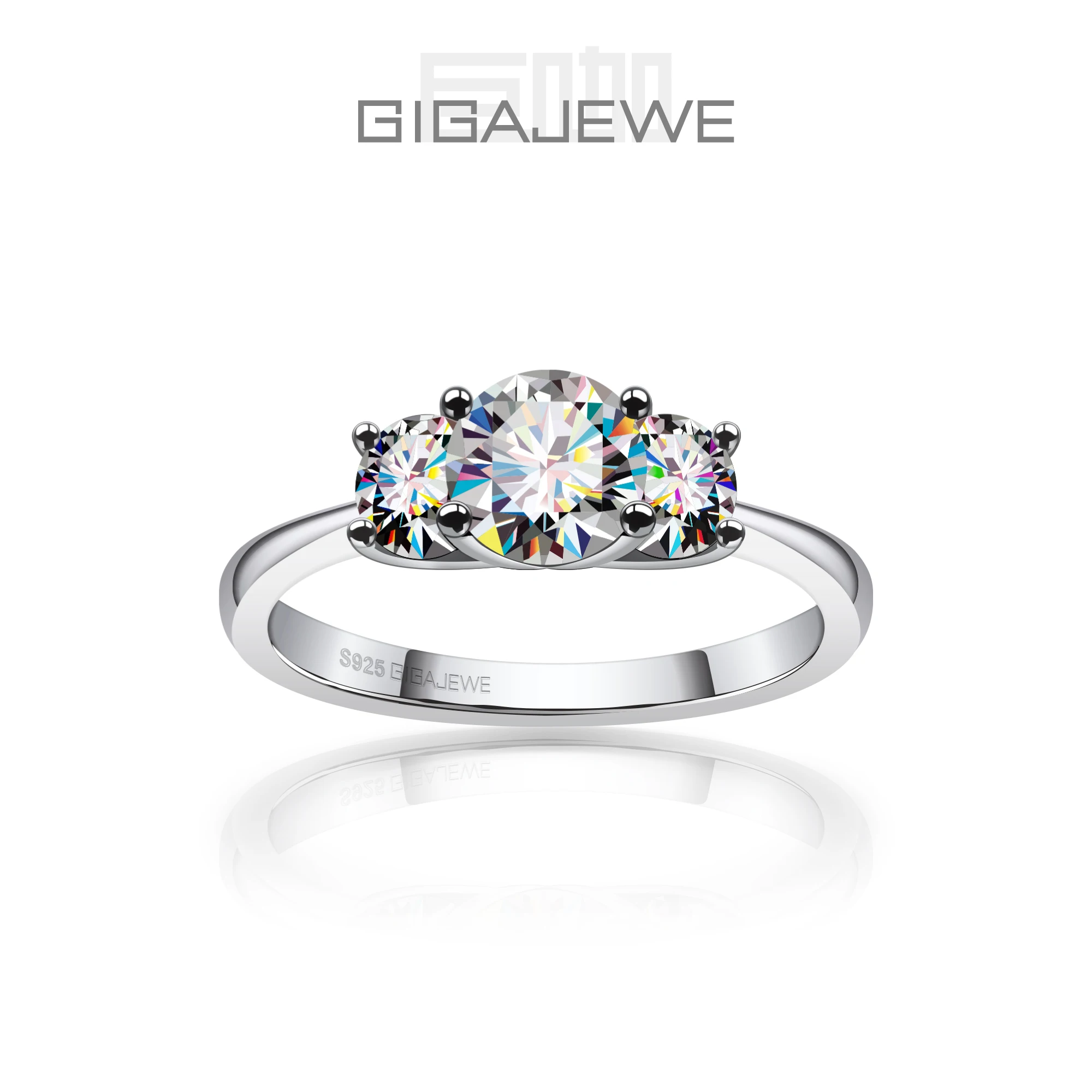 GIGAJEWE Moissanite D Kolor 1,2 ct Okrągły szlif 925 Srebrny pierścionek platerowany 18-karatowym białym złotem Diament test przeszedł Kobieta Prezent dla dziewczyny