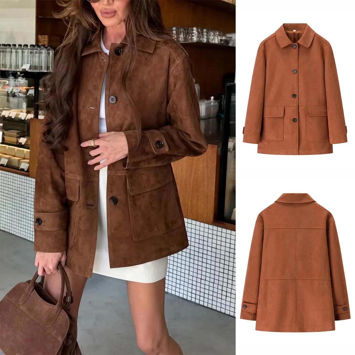 レトロスタイルの女性のスエードジャケットショートコート長袖ターンダウンカラーボタン留めアウター新しい秋のコレクション