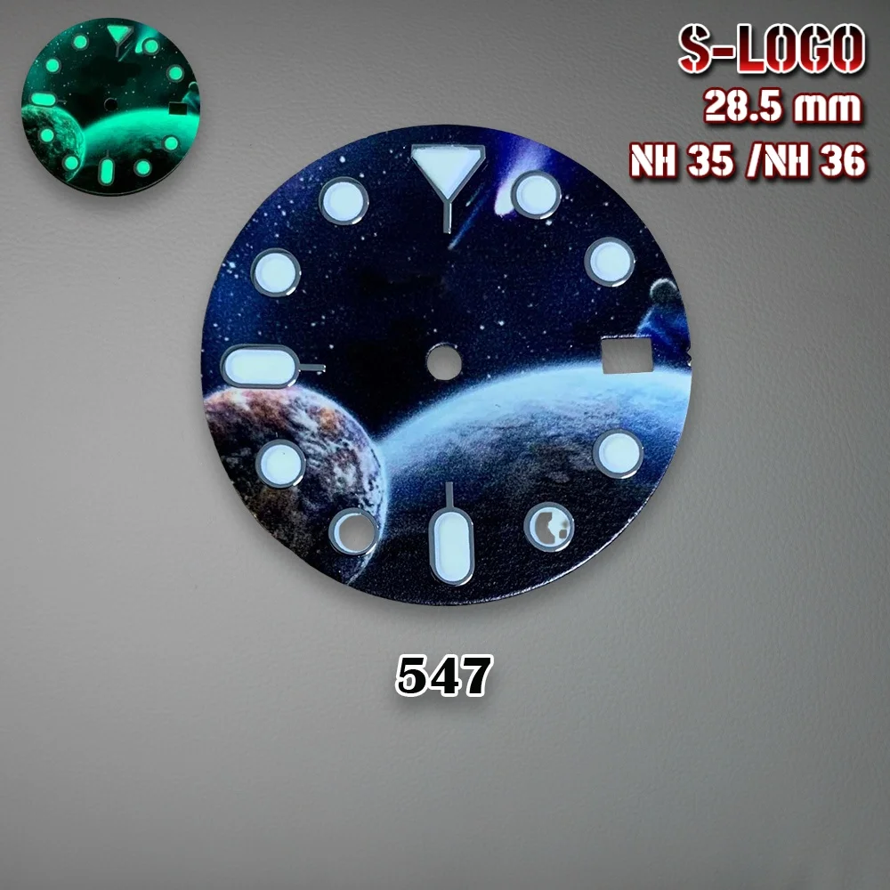 28.5 مللي متر NH35 الطلب S شعار الأرض القمر السماء المرصعة بالنجوم الهاتفي مناسبة لحركة NH35 C3 قوي الأخضر مضيئة ساعة تعديل Accessori