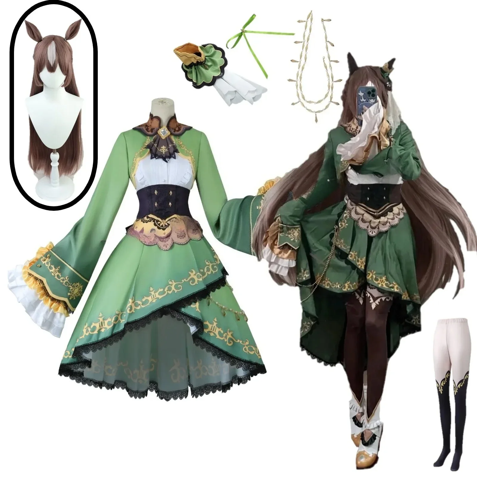 Игра Umamusume: Pretty Derby Satono Diamond, карнавальный костюм, парик, милое зеленое платье, костюм для ролевых игр на Хэллоуин