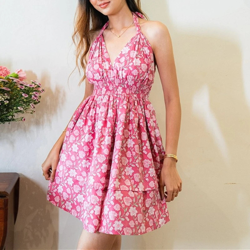 

Floral Dresses Women V Neck Backless Mini Dress A Line Halterneck Slim Fit Gown Sleeveless Vestidos Elegant Party Lady Summer