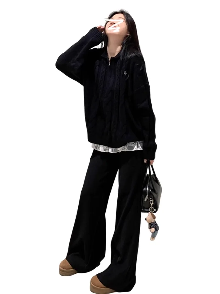 เสื้อสเวตเตอร์ถักไหมพรมหลวมๆ สไตล์ลำลองสำหรับผู้หญิง เสื้อคลุมฤดูใบไม้ผลิ 2025 รุ่นใหม่ สไตล์นักศึกษา แฟชั่น ซิปยาว คอปก