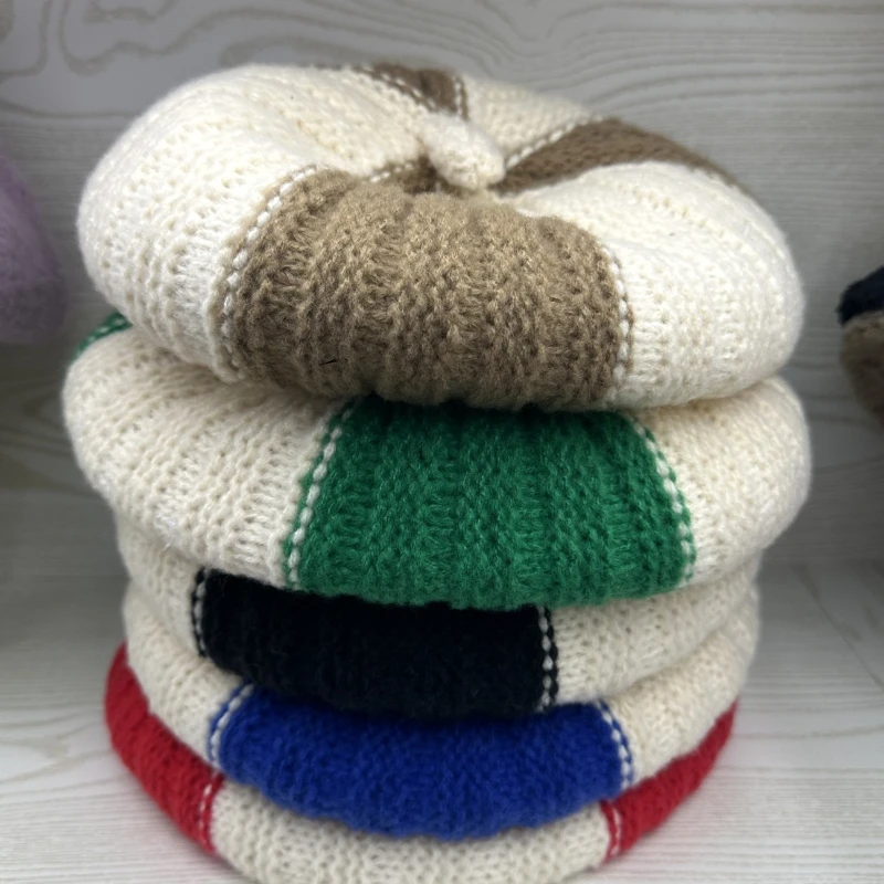 Japanese Mixed Color Knit Beret for Women Korean Version Autumn-winter Vintage Candy Color Wool Painter Hat