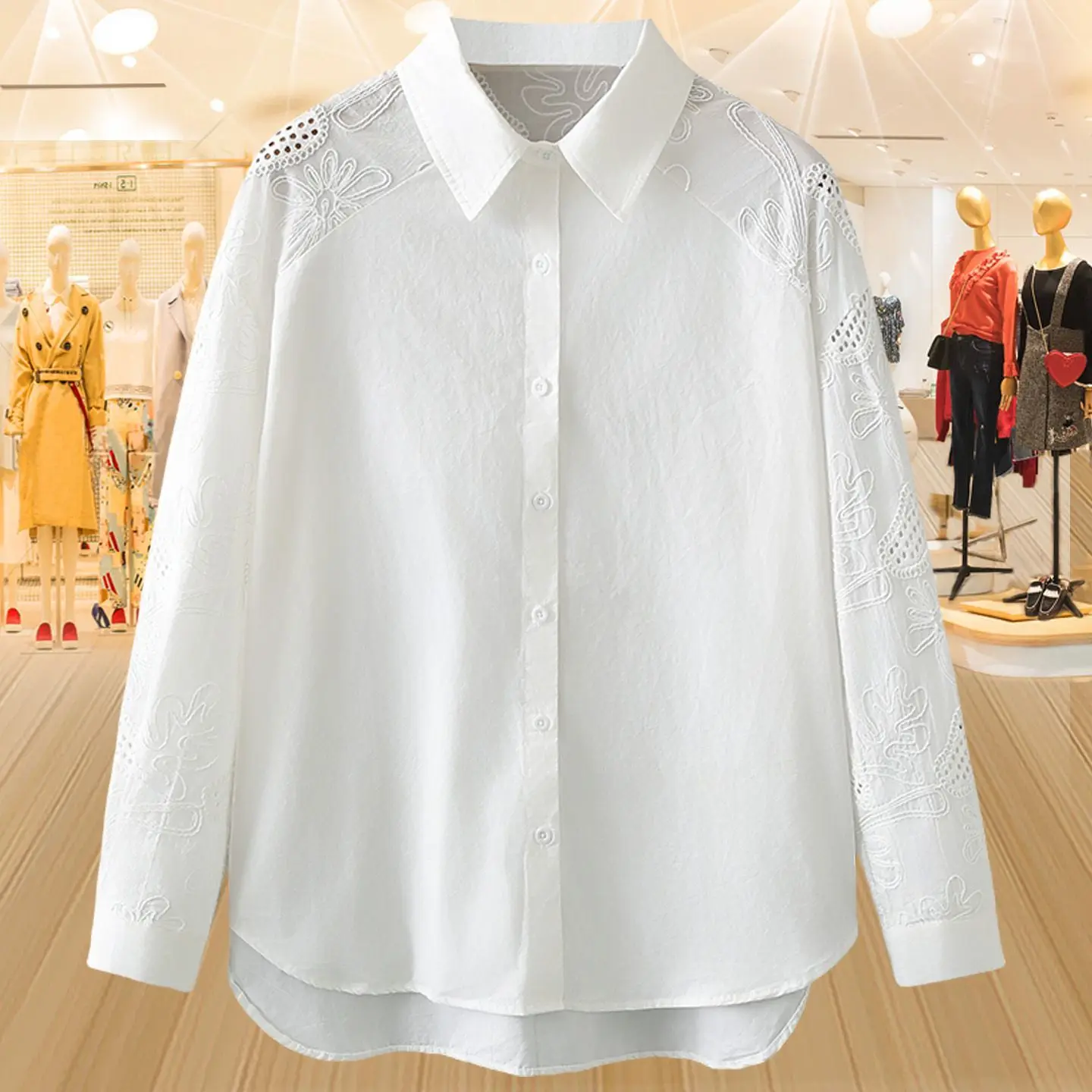 

Весенне-осенняя женская рубашка с кружевными вставками, свободного кроя, с вышивкой, из чистого хлопка, с длинными рукавами, белая.