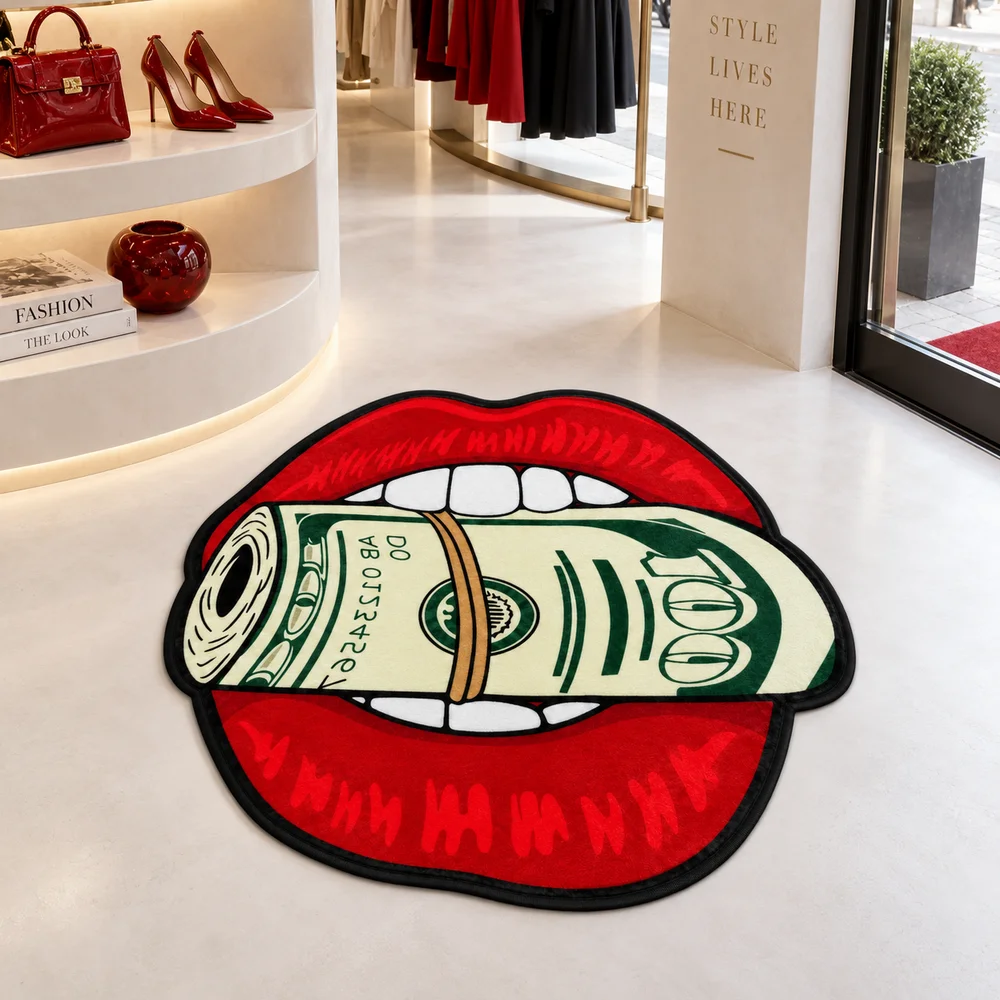 Red Lips Biting Money Shaped Area Rug, Pop Art Cash Novelty Floor Mat For Bedroom, Closet, Dorm, Living Room Decor And Gifts