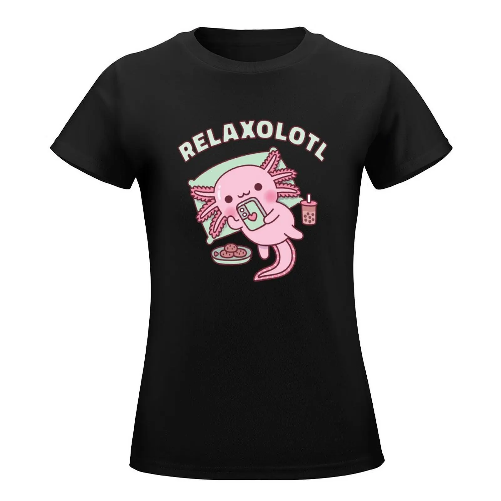 Cute Axolotl Chilling With Handphone Relaxolotl Funny T-Shirt vintage clothes tees tops Woman T-shirts