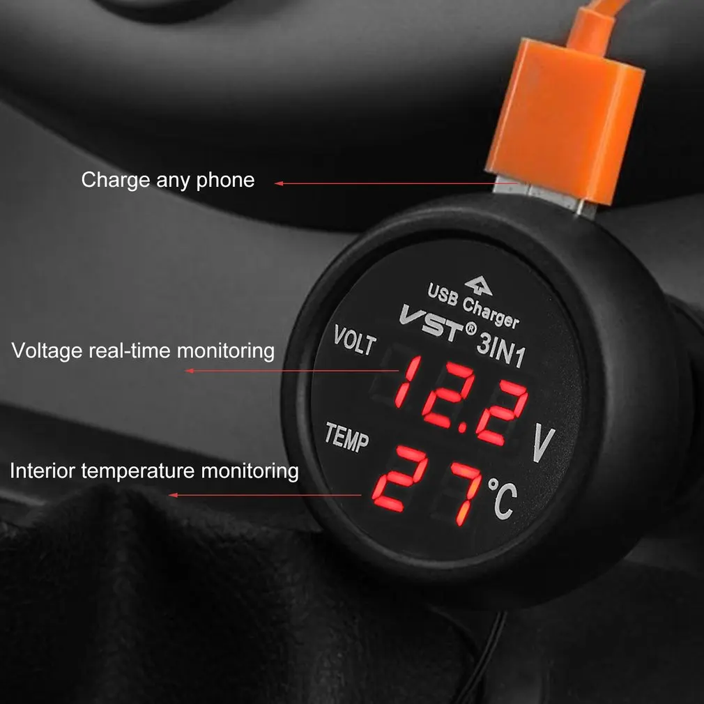 3 In1 12/24V Car Digital Thermometer Universal Volt Meter Auto LED Digital Dual Display Voltmeter Gauge Thermometer USB Charger