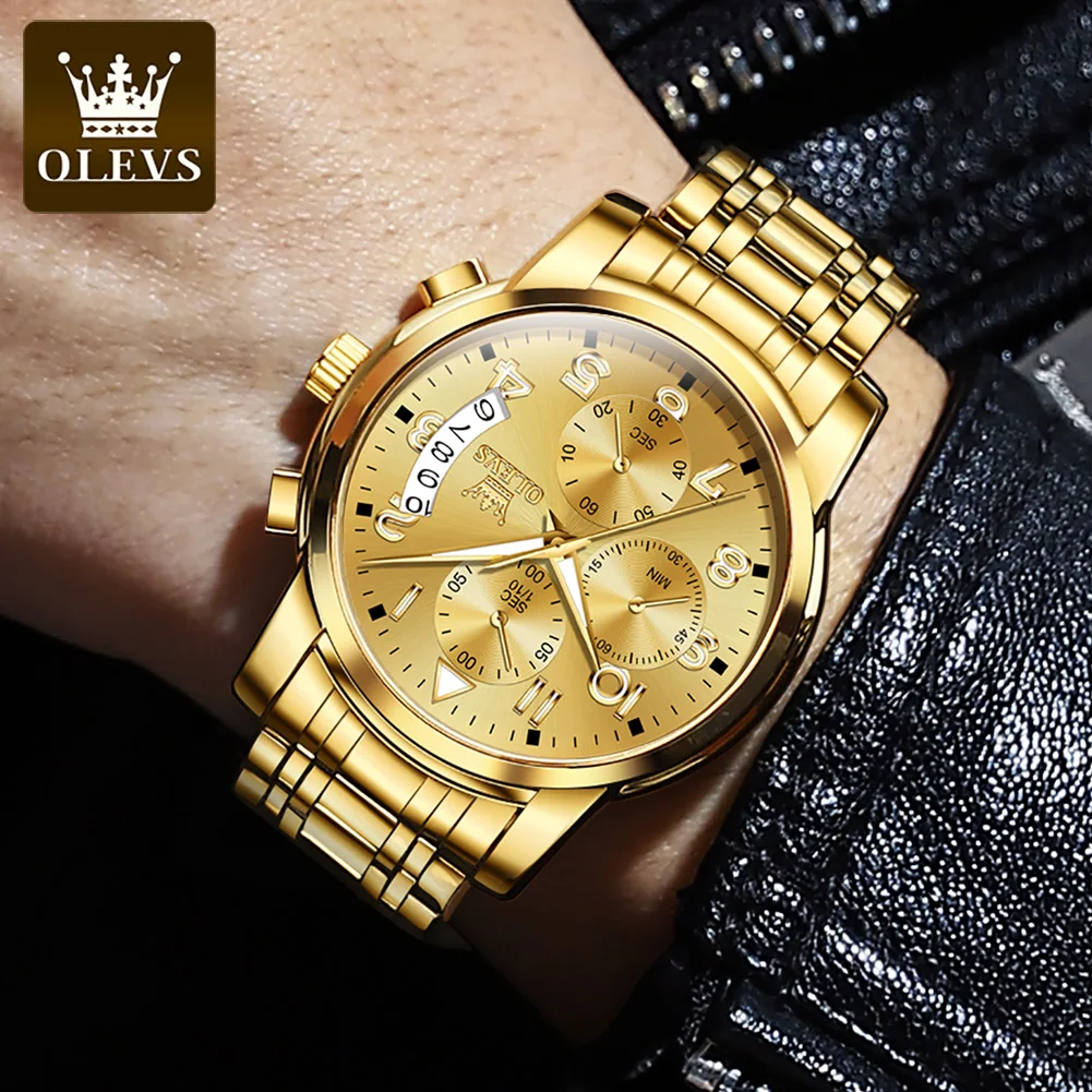 OLEVS Men's Watches Quartz Watch For Man Full Gold Strap Multifunctional Chronograph Luxury Wriswatch Waterproof Date 2879