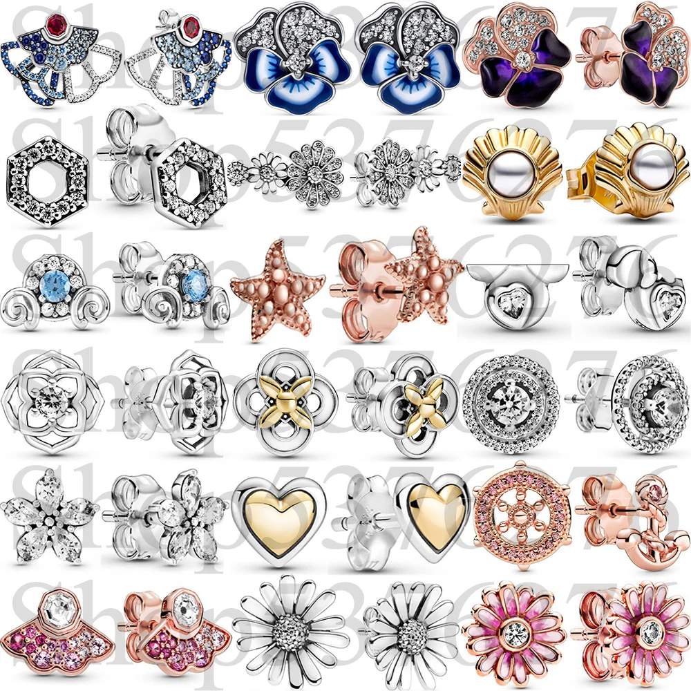 

925 Sterling Silver Honeycomb Hexagon Silhouette Starfish Seashell Rose Petals Fashion Stud Earrings For Women Gift DIY Jewelry