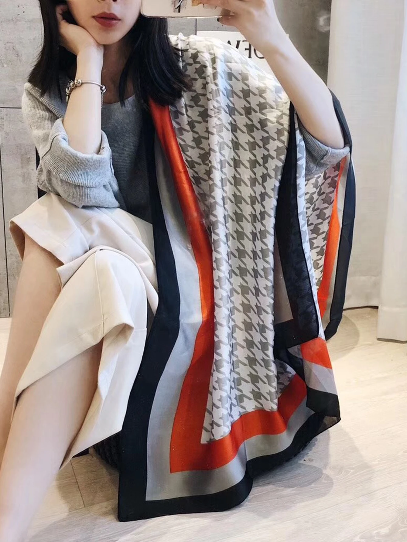 Fashion Scarf Women\'s Luxury Design Scarf Silk Smooth Scarf Ladies Houndstooth Pattern Soft Headband Shawl Beach 90x180cm