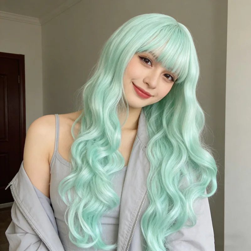 Mint green long wavy curly hair synthetic wig - Halloween cosplay role-playing wig - Daily wig - High-temperature silk wig set