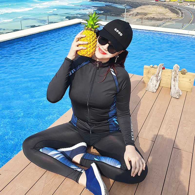 Korean Women Spilt Sports Swimwear Rashguard Sun Protector Long Sleeve Conservative Surfing Swimwear 2023 Holiday Suit