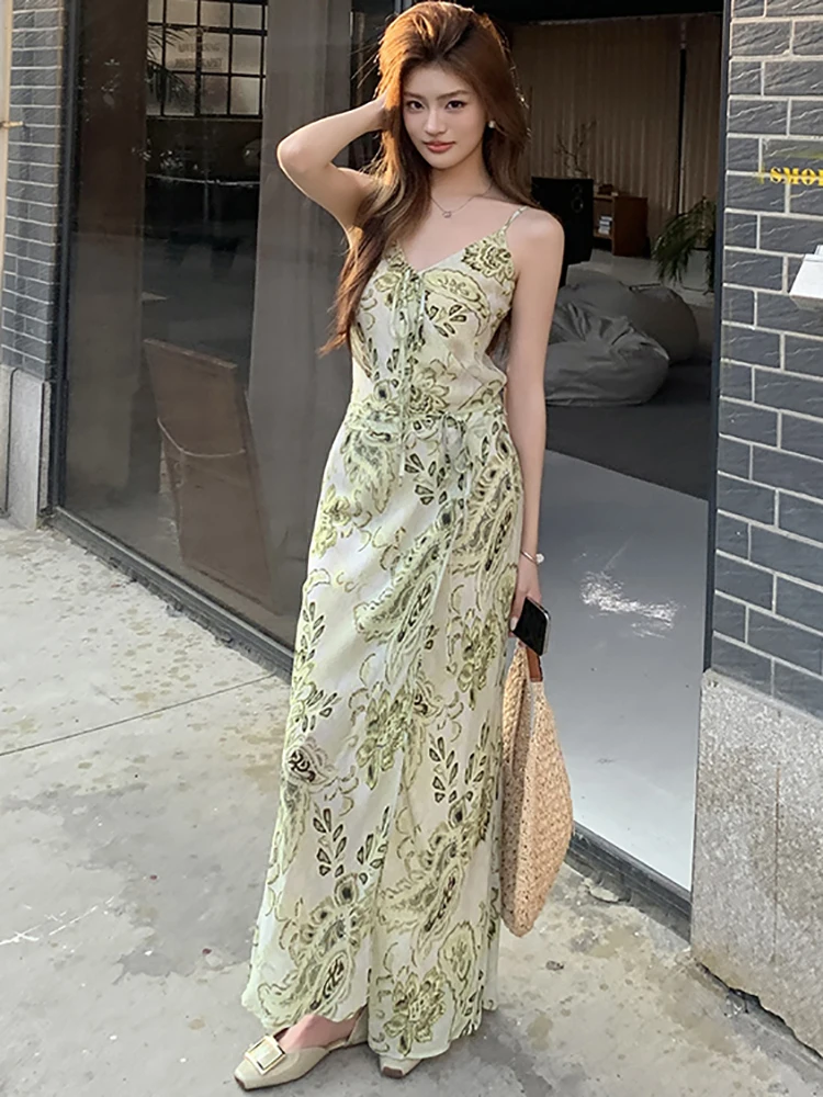 Abito lungo sexy da donna verde floreale chic con fiocco 2025 Nuovo elegante abito da vacanza casual estivo coreano aderente abiti da festival