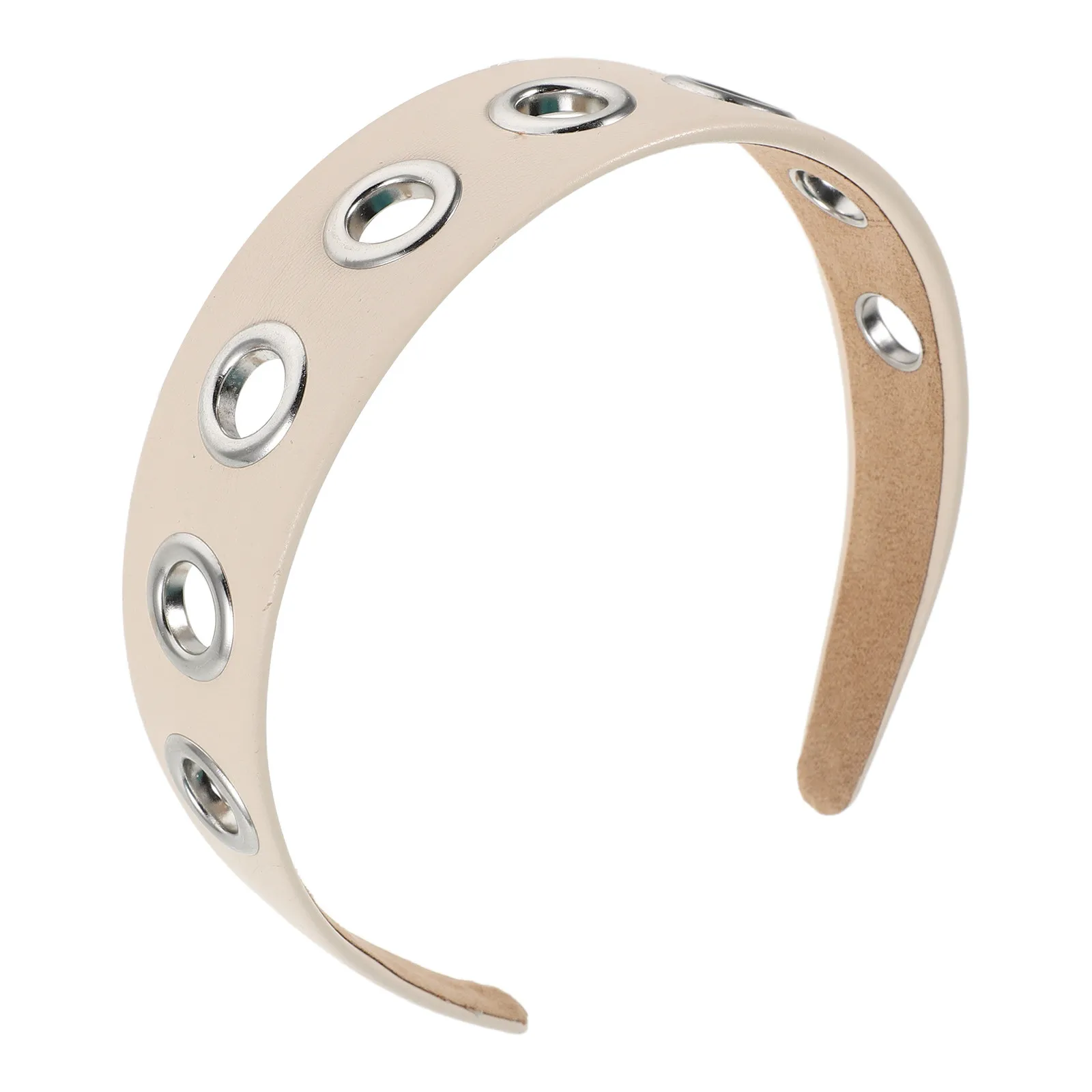 PU Wide Headband Women Non Slip Soft Padded Cutout Circle Design Punk Rock Faux Metal Grommets Fashion Hair Hoop