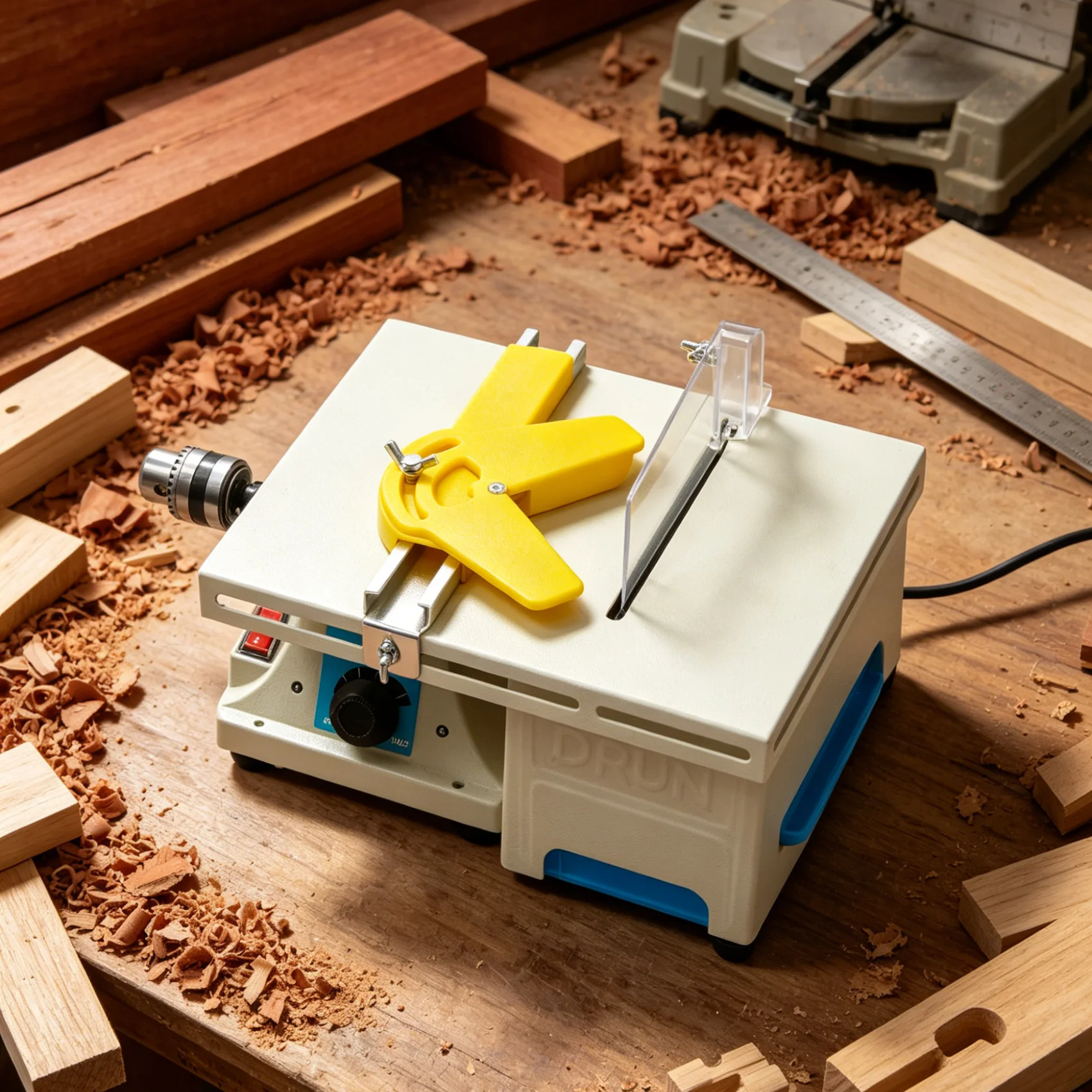 US Standard 750W Mini Benchtop Saw For Cutting Polishing Drilling Carving, 38mm Max Cutting Thickness Dustproof Safety Shield