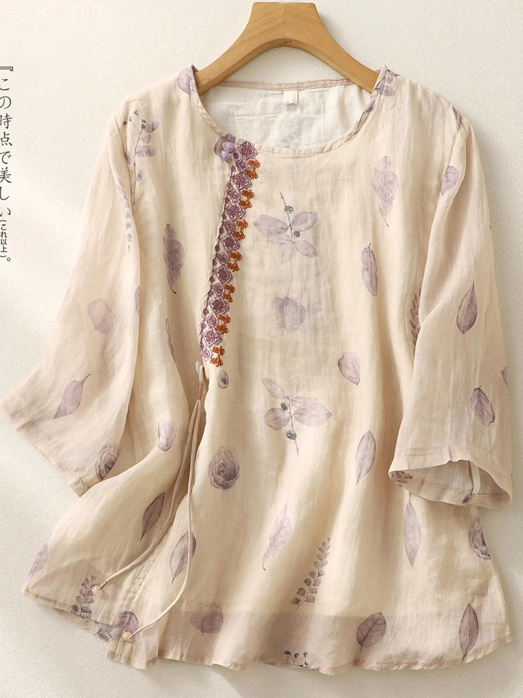 New 2024 Summer Fashion Print Embroidery Chic Loose Casual Beach Holiday Blouse Shirts Women Vintage Office Ladies Cute Tops