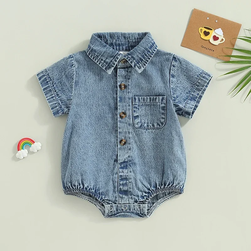 Infant Boys Girls Denim Romper Solid Color Short Sleeve Turn-Down Collar Baby Jumpsuits Summer Buttons Casual Jeans Bodysuits
