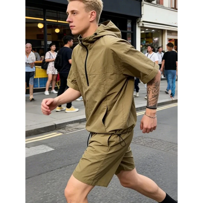 

2026 New Men's Hooded Outdoor Sports Set Sun Protection Shorts Casual Lightweight Cargo Streetwear Running Tracksuit