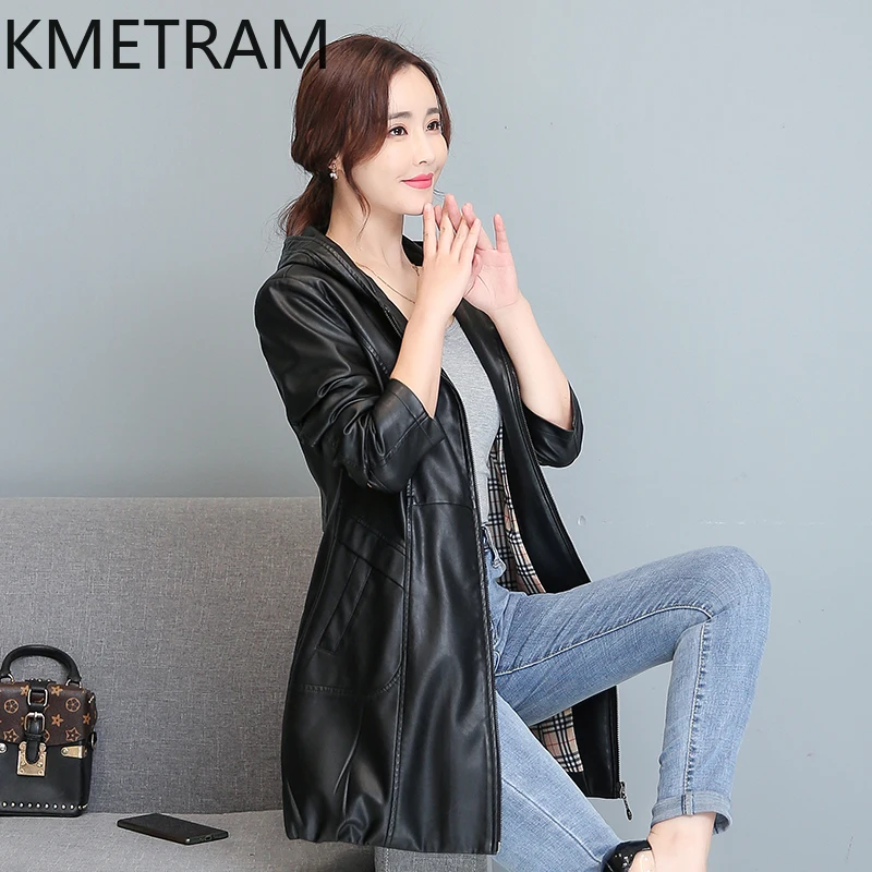 KMETRAM-Chaqueta de piel de oveja auténtica para mujer, abrigo largo medio con capucha, ajustado, coreano, Primavera, 2024