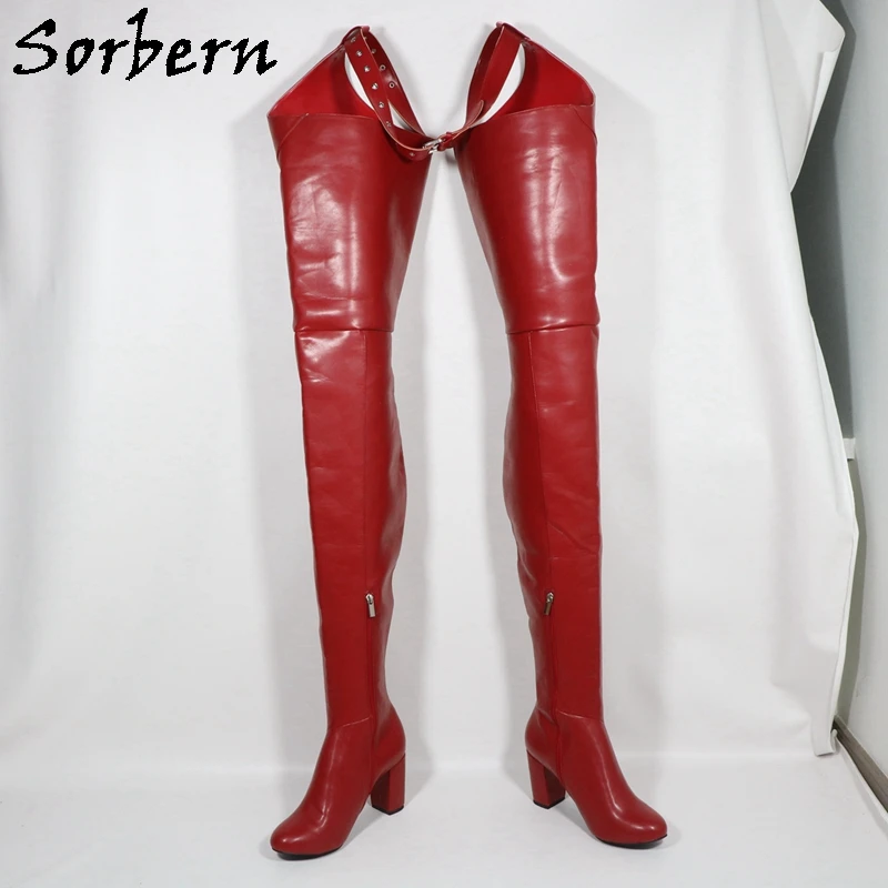 Sorbern Deep Red Matte Women Boots With Belt Block High Heel Round Toe Square Heeled Half Zipper Long Boots Custom