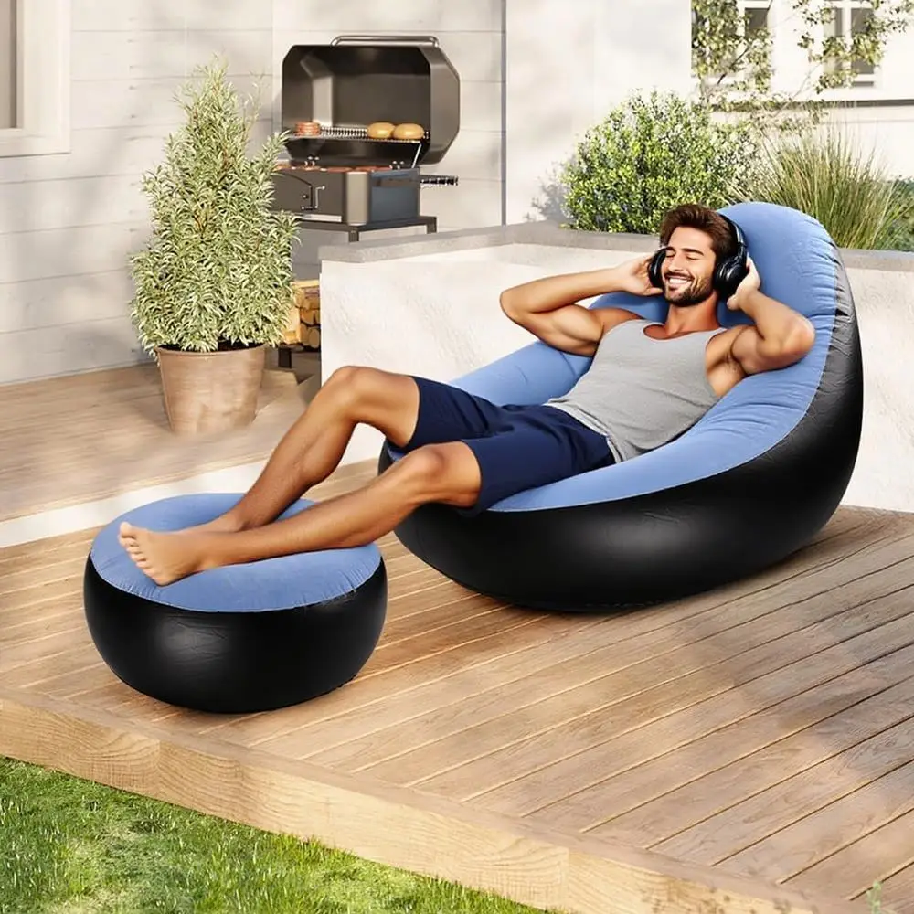 Portable Inflatable Lounge Chair for Adults, Lazy Locking Recliner Air Sofa for Indoor Outdoor Travel Camping (No Pump), Light B