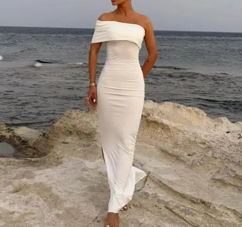 

Summer 2025 Solid Color Sleeveless Off Shoulder and Backless Slim Fit Dress for Women,elegant and Intellectual Hip Hugging Dress