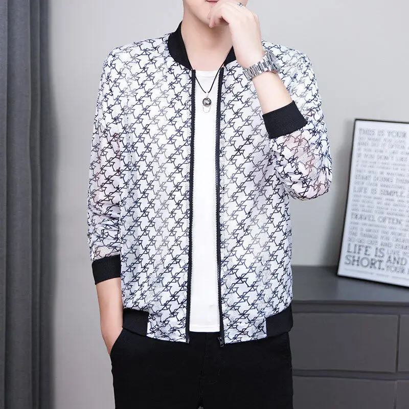 

Молодежная мужская повседневная куртка с принтом для защиты от солнца, дышащая, с перфорацией, в корейском стиле, для кондиционированных помещений, с длинными рукавами