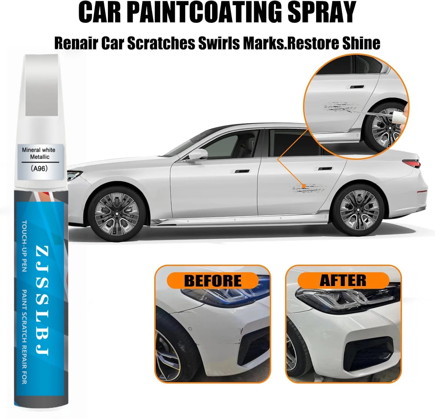 Car Touch Up Paint(Mineral White Metallic(A96)) for BMW, Car Paint Scratch Repair Kit, Quick & Easy Solution to Repair, 2 in 1 S