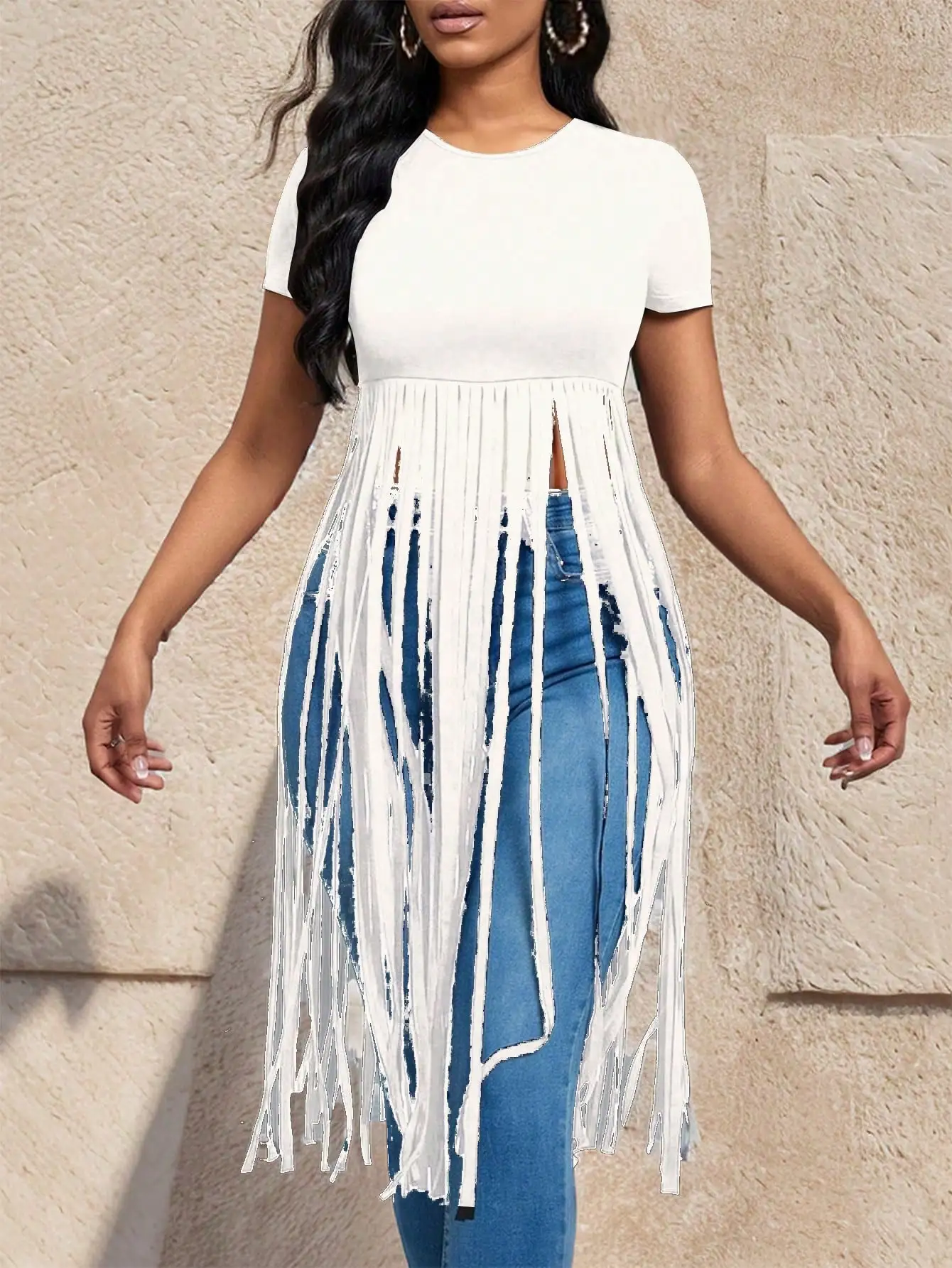 Women White Crew Neck Short Sleeve Fringe Tunic Top, Irregular Long Tassel Hem Western Cowboy Streetwear Casual Blouse