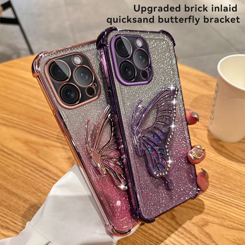 

Quicksand Butterfly Bracket Case For iPhone 13 Pro Max 14 15 12 SE 2022 11 Pro Max Corners Protect Bump Cover