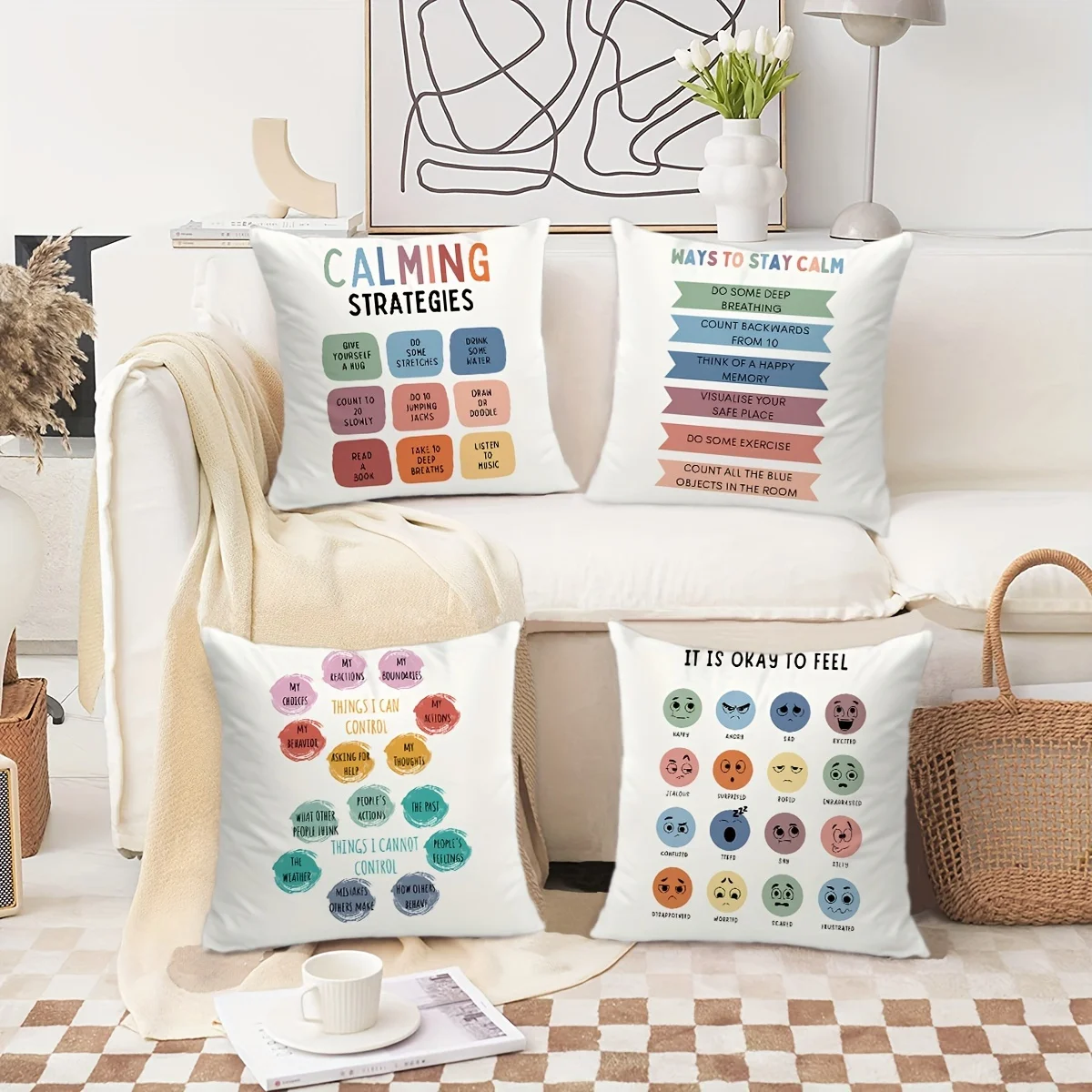 18x18 Inch Emotional Regulation Design Throw Pillow Covers - 4pcs Set, Zip Closure, Hand Washable Polyester Cases for Teens & Pr